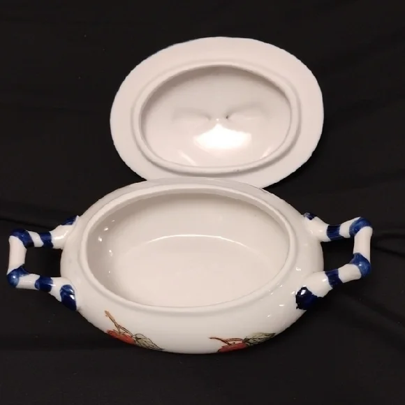 Vintage-Style Strawberry Ceramic Tureen with Lid | Blue Handle Detail | 9" Wide - Picture 5 of 7